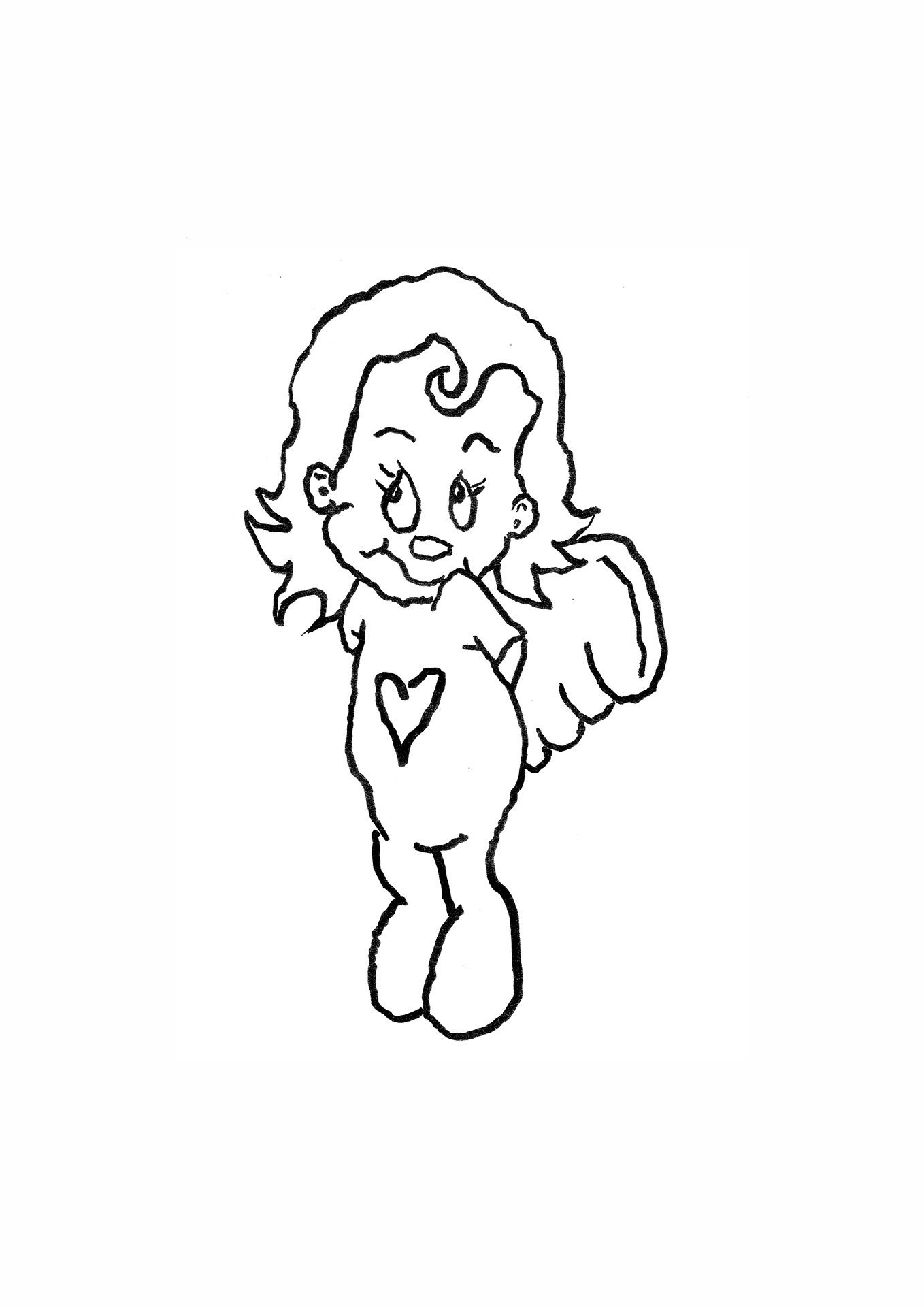 A black and white sketch of a cartoon-style Cupid character, smiling with curly hair, wearing a shirt with a heart symbol on it. Cupid is standing with a smiling expression, with small hearts drawn above their head.