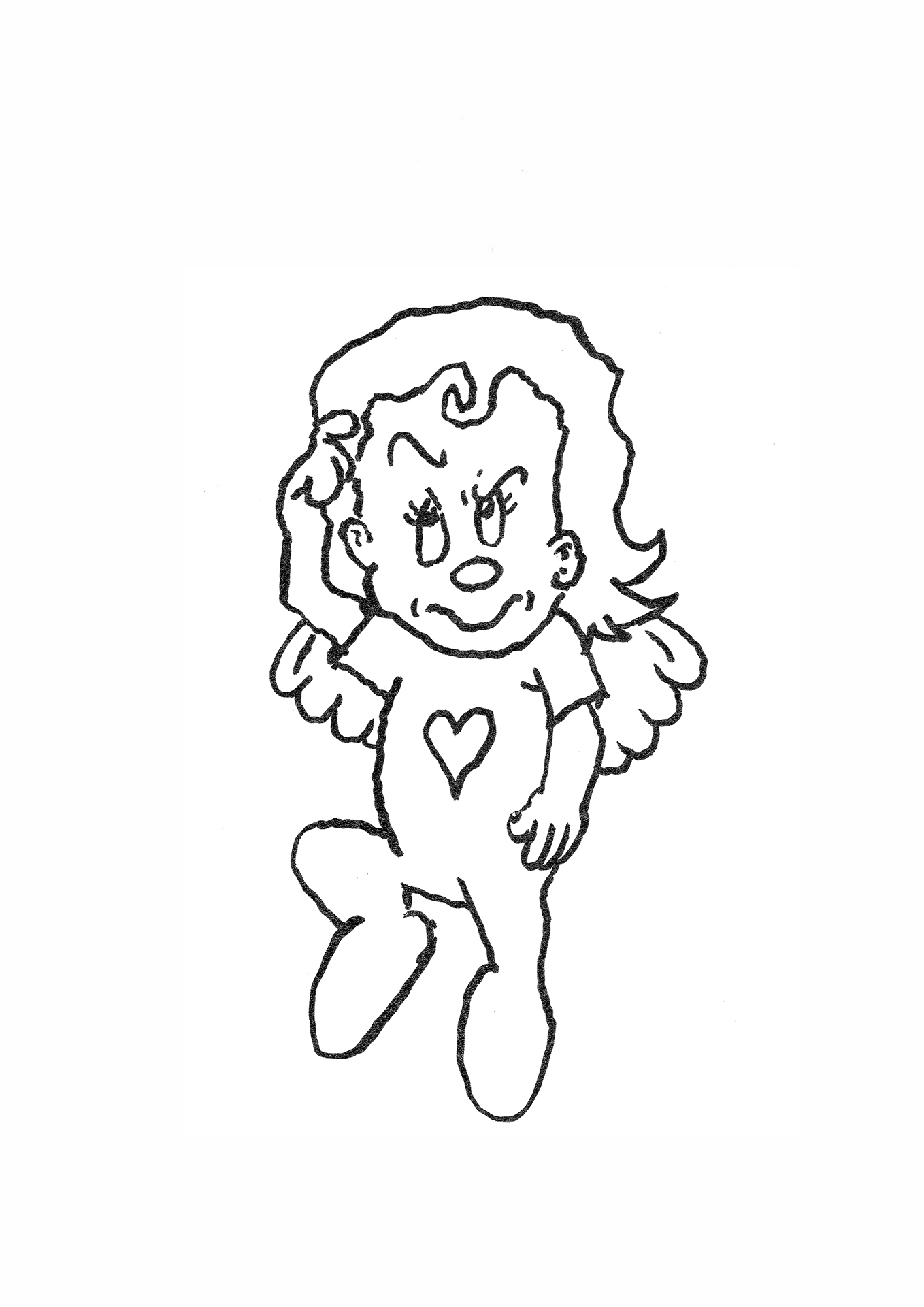 A black and white sketch of a cartoon-style Cupid character, smiling with curly hair, wearing a shirt with a heart symbol on it. Cupid is depicted with one hand raised to their head, giving a thoughtful or curious expression.