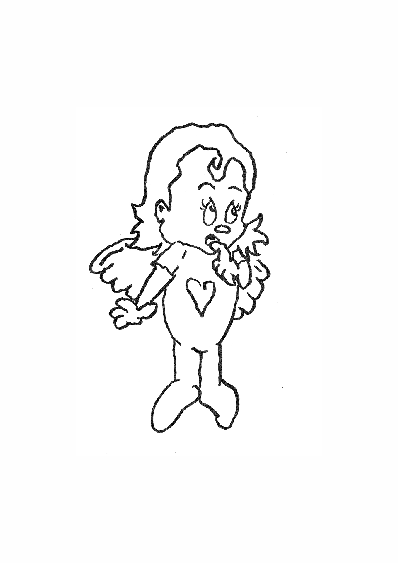 A black and white sketch of a cartoon-style Cupid character, with curly hair, wearing a shirt with a heart symbol on it. Cupid is depicted with one finger to their mouth, giving a curious expression.