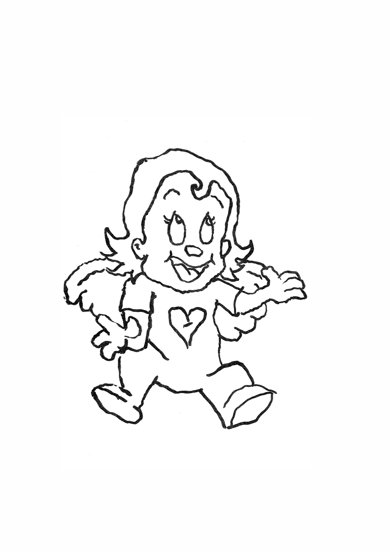 A black and white sketch of a cartoon-style Cupid character, smiling with curly hair, wearing a shirt with a heart symbol on it. Cupid is depicted with arms outstretched and a joyful expression.