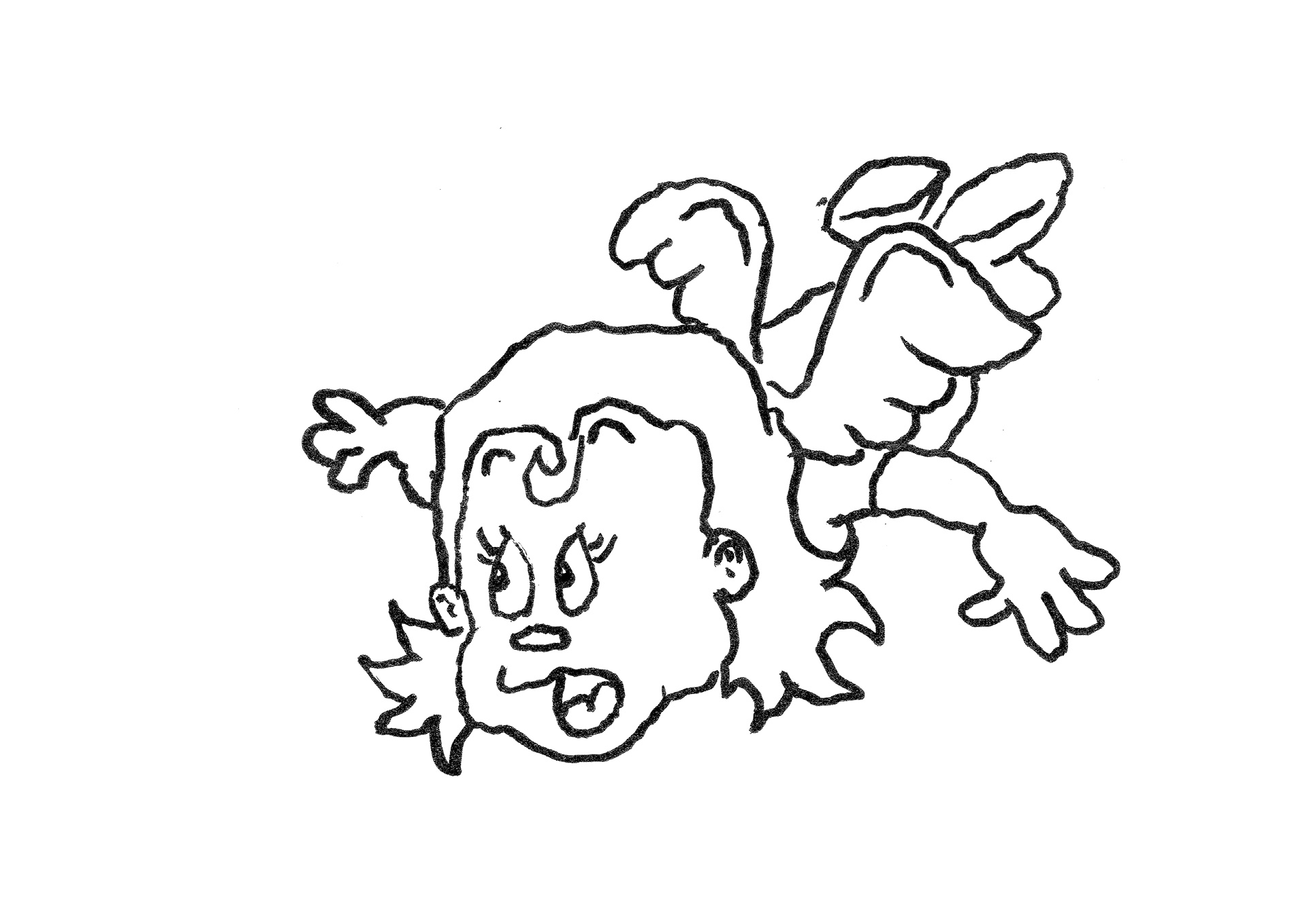 A black and white sketch of a cartoon-style Cupid character. Cupid is flying and has a shocked expression.