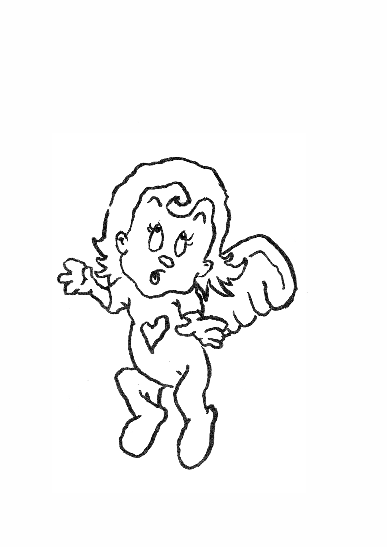 A black and white sketch of a cartoon-style Cupid character, with curly hair, wearing a shirt with a heart symbol on it. Cupid has a surprised expression.